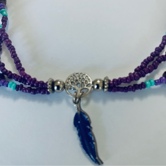 BOHEMIAN HANDMADE ANKLET PURPLE BEADS WITH FEATHER CHARM MULTICOLOR - Picture 3 of 10
